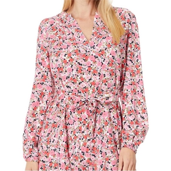 NWT Tommy Hilfiger pink Floral long sleeve band collar tie waist Dress small - Picture 2 of 9